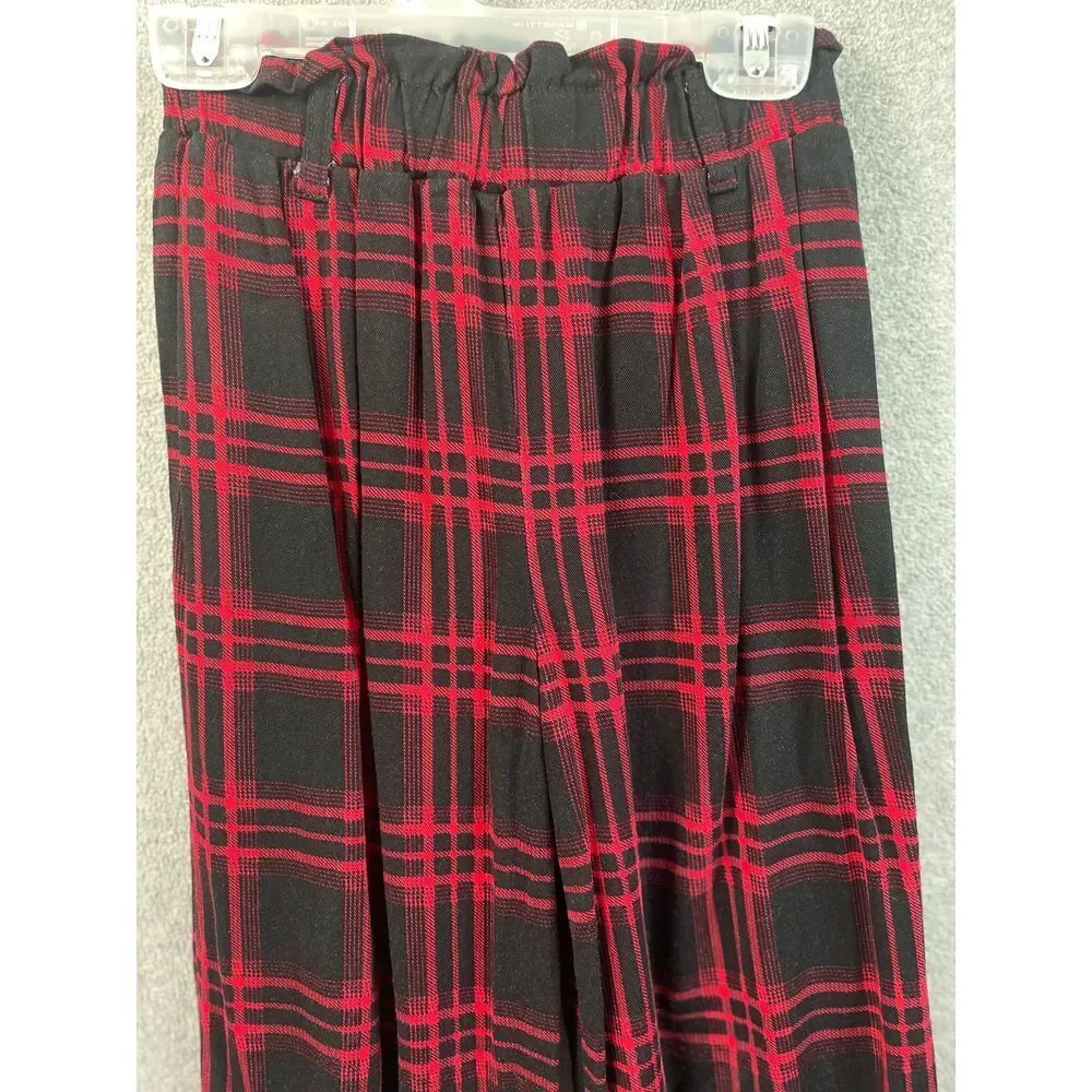 Classic Red &‎ Black Plaid Wide Leg Pants Tartan Check Pattern Elastic Waist